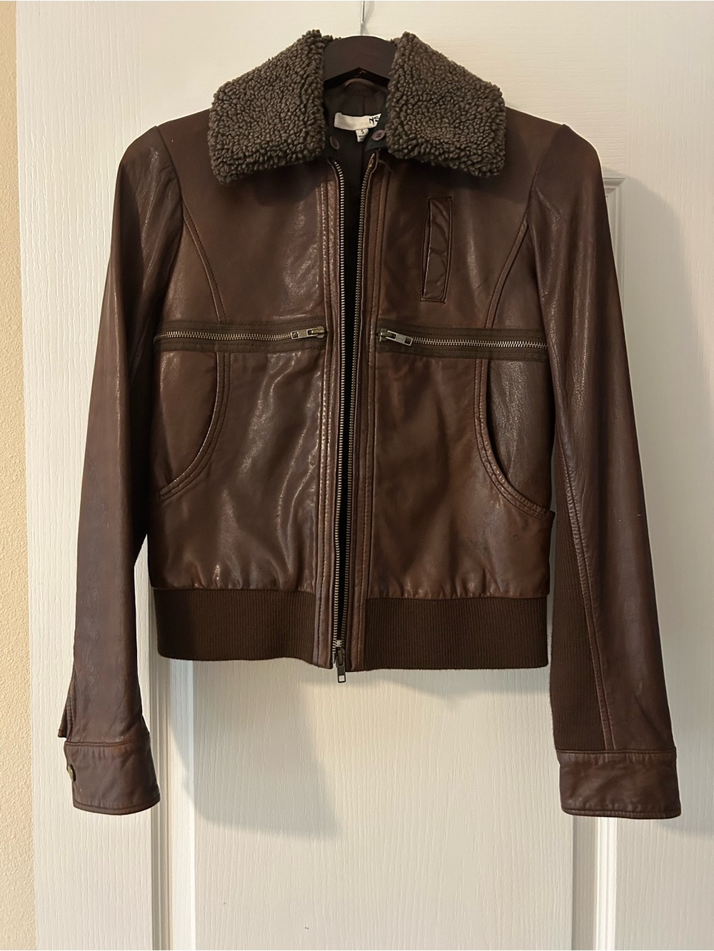Vintage NSF Women’s Dark Brown Leather Bomber Jacket with Detachable Collar